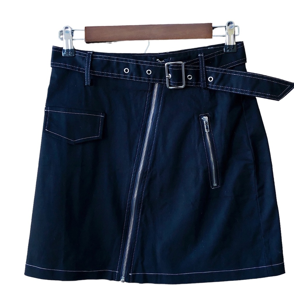 PRINCESS POLLY NWT black Mikayla belted mini skirt asymmetrical zipper, size 6